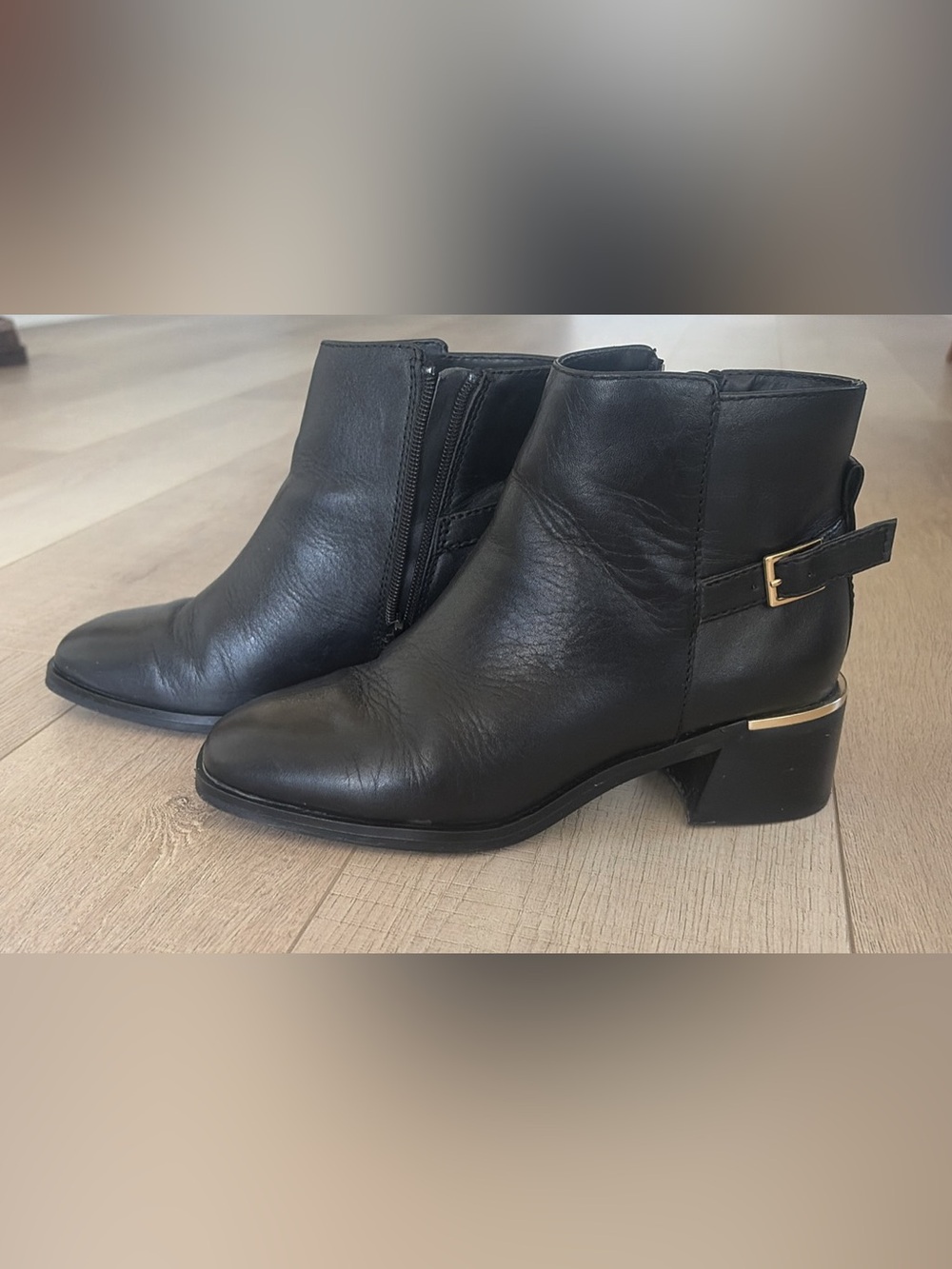 Aldo Black Leather Ankle Booties with Gold Buckle - Size 6